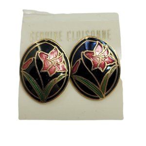 Vintage 80s Genuine Cloisonne Enamel Earring Lily Flower Gold Tone post pink